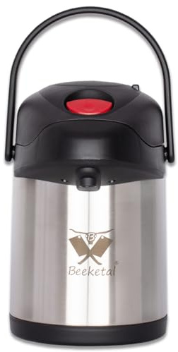 Beeketal 'BPK Serie' Gastro Pumpkanne, doppelwandige Edelstahl Isolierkanne mit leichtgängigem Pumpmechanismus (Warm- & Kalthalten) und klappbarem Tragegriff (ca. 2,5 Liter)
