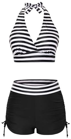 JASAMBAC Women's Bikini Sets Soft Bikini Top & High-Waisted Drawstring Ruched Boyshorts Swimwear Elastic Swimming Costume Soft Swimsuits Bathing Suits