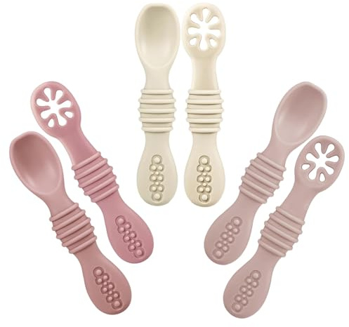 PandaEar Silikon Babylöffel Lernlöffel blw Löffel, 6 Stück Weich Esslernlöffel Baby Löffel Brei ab 4 6 Monaten zum Selber Essen, BPA frei Breilöffel Baby Spoon Self Feeding (Rosa/Hellrosa/Beige)