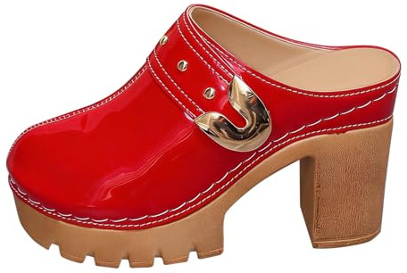 Damtofflor med klack, tofflor & sandaletter för kvinnor blockklack pantolett fram stängda sandaler platå bekväma tofflor sandaler eleganta pumps retro höga klackar båge stöd klackskor, röd, 36 EU