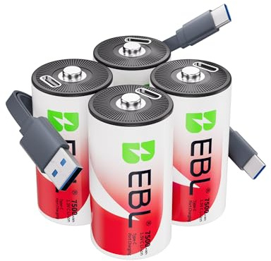 EBL Rechargeable C Batteries 7500mWh 1.5V Lithium USB-C Cable 1600+ Cycles Fast Charging for Cameras, Flashlights Toys Emergency Lights (4 Pack)