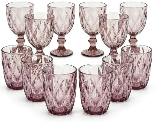 Set 12 Bicchieri Rosa Crystal Pink 6 Calici con Piede 26 cl e 6 Bicchieri 29 cl in Pasta di Vetro con Design Diamante per Acqua e Vino Ideale per Casa e Ristoranti ELEGANTI DI STILE
