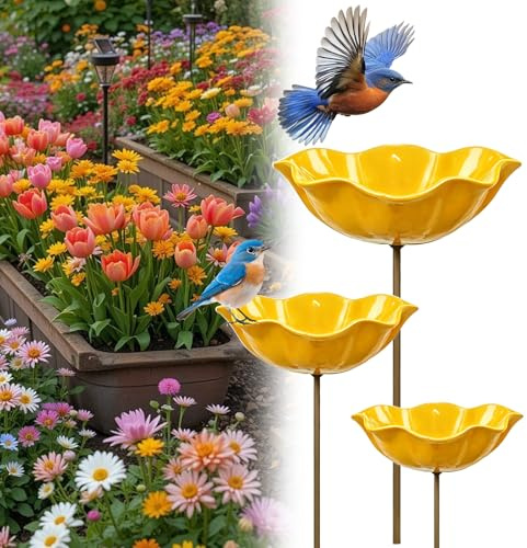 Vogeltränke Blume aus Metall, Handgefertigter Blumen Gartenstecker Bienentränke, Outdoor Vogeltränke & Insektentränke, Bienentränke für Garten, Hof und Terrasse (3 Stück Gelb)