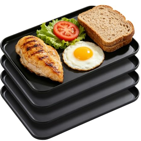 4 Pcs Black Plastic Serving Trays, Stackable Rectangular Food Trays | 31 x 22 x 1.5cm Multi-use Serving Trays for Coffee Tea Snacks Breakfast Home and Office Use