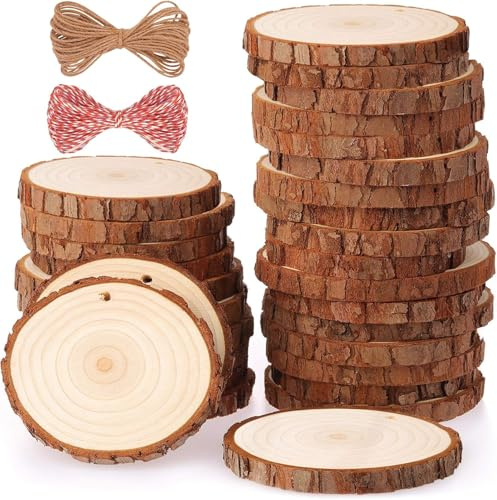 Fuyit Träskivor i naturligt trä, 30 st, 6–7 cm, borrade hål, oavslutade träcirklar för gör-det-själv-hantverk, bröllopsdekorationer, julprydnader med gratis gåvor