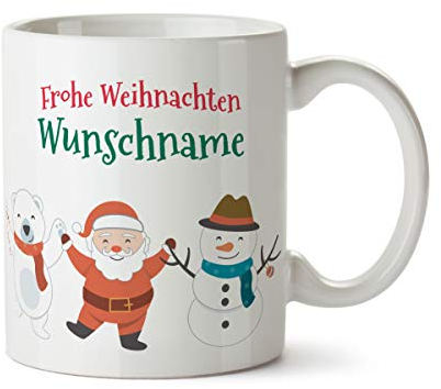 Partycards weihnachtlicher Kaffeebecher personalisiert mit Namen, 330 ml Keramik Kaffeetasse, personalisierte Tasse mit Spruch, Glühweintasse Nikolaus Kindertasse, Weihnachtstassen mit Tasse mit Namen