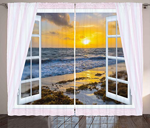 ABAKUHAUS Küsten Rustikaler Gardine, Open Window Sonnenaufgang Meer, Schlafzimmer Kräuselband Vorhang mit Schlaufen und Haken, 280 x 225 cm, Gelb Blau