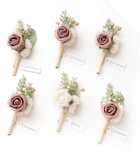 Ling's moment Boutonniere for Men, 6pcs Groom Groomsmen Boutonniere, Artificial Flowers for Wedding Decor/Prom/Homecoming, etc.Pink Dusty Rose