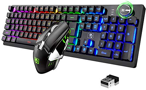FELiCON Kombi-Sets für drahtlose Tastatur und Maus, 4800mAh, 16 Arten von wiederaufladbaren RGB-LED-Gaming-Tastaturen mit Knopfsteuerung und ergonomischer 7-Farben-LED-Hintergrundbeleuchtung