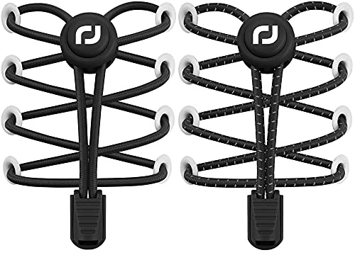 RJ-Sport 2 Paar Elastische Schnürsenkel mit Schnellverschluss Schnürsenkel Schnellschnürsystem für Einzigartigen Komfort und Starken Halt (Schwarz + Reflektierendes Schwarz)