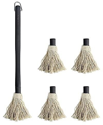 Grill Basting Mop, YFWOOD 18 Inch Grill Basting Brush BBQ Mop Black Wooden Long Handle with 4 Extra Replacement Heads for Grilling Smoking Barbecue Steak