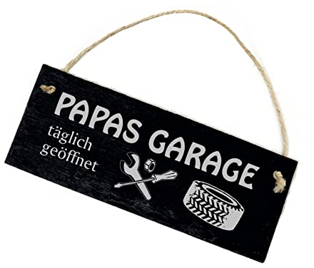 Papa Schild aus Schiefer - Papas Garage täglich geöffnet - Garagen Deko Schild 22 x 8 cm | Dekolando
