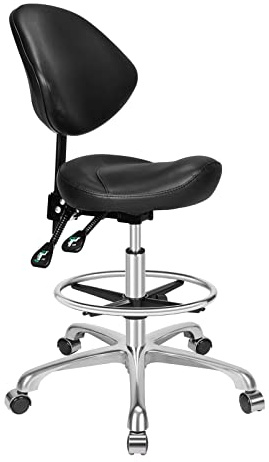 Kaleurrier Ergonomic Rolling Swivel Saddle Stool with Wheels,Pneumatic Lifting Height Adjustable Drafting Chair for Clinic Hair Salon Massage Lab Home Office (Black,with Back Rest & Footrest)