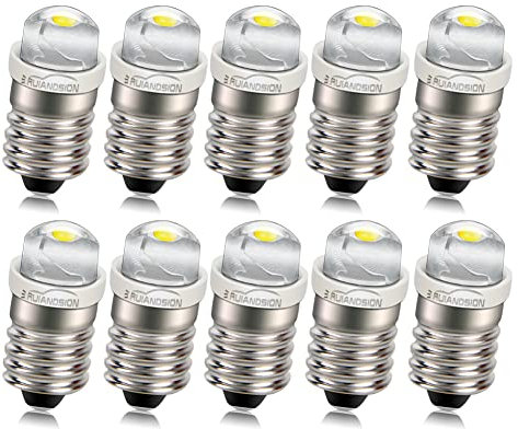 Ruiandsion 10pcs E10 LED Bulbs DC 3-18V COB 0.5W 6000K White LED Upgrade Bulbs Replacement for Flashlight Torch Work Lights,Negative Earth