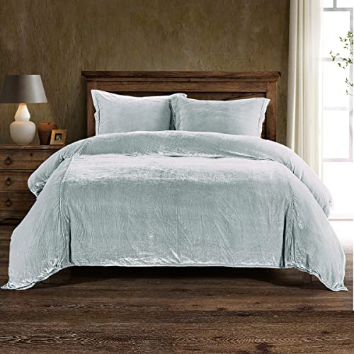 HiEnd Accents Stella Faux Silk Velvet 3 Piece Duvet Cover Set with 2 Pillow Shams, Queen, Light Blue, Romantic Western Modern Traditional Luxury Bedding, 1 Comforter Cover and 2 Pillow Cases