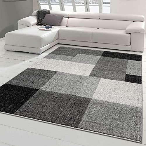 Teppich-Traum Kurzflor Teppich Quadratmuster Creme Grau Modern 120x160 cm | Pflegeleicht, schmutzabweisend, strapazierfähig, langlebig und OEKO-TEX geprüft, für Flur & Wohnbereich