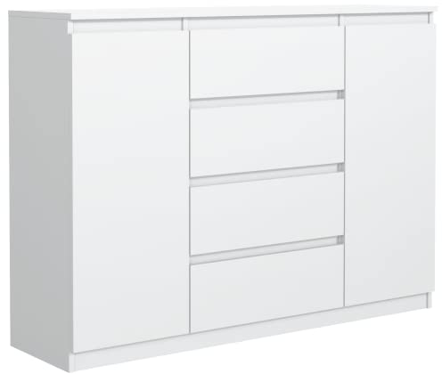 meble masztalerz Kommode Matt mit 4 Schubladen und 2 Türen 140 cm, Sideboard Wohnzimmer, Schlafzimmer H: 101,5 cm, B: 138,6 cm, T: 39 cm Kommode mit Schubladen, Schubladenschrank (Weiß)
