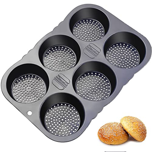 Dootafy Molde de silicona para panecillos de hamburguesas, molde de silicona para hornear con 6 cavidades, bandeja redonda para hornear moldes perfectos para mini pasteles o pan