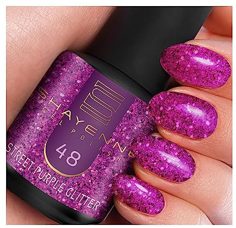 SHAYENNE UV Gel Nagellack - 48 Street Purple Glitter Lila mit Glitzer 15 ml - Langanhaltend, Kratzfest & Hochglänzend - Profi-Qualität - LED kompatibel - Perfekt für Zuhause & Studio - Made in Germany