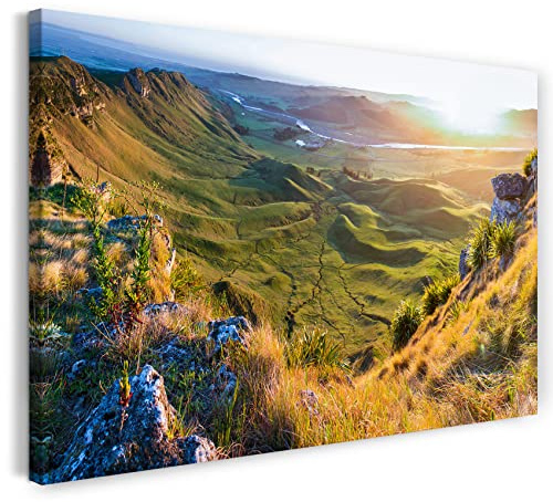 Leinwandbild (40x30cm) Landschaftsbilder Grünes Tal mit bunten Blumen und Sonnenlicht, Leinwand auf Keilrahmen gespannt und fertig zum Aufhängen, hochwertiger Kunstdruck aus deutscher Produktion