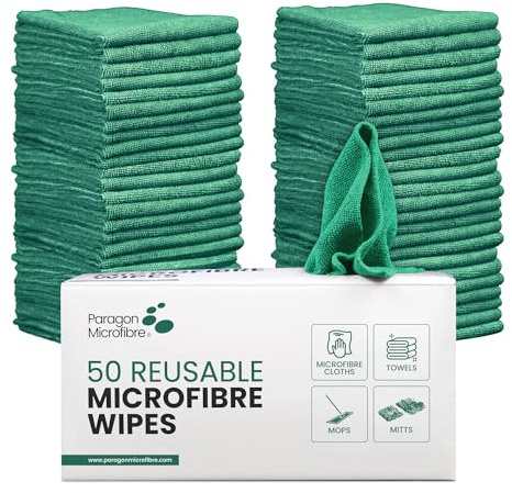 PARAGON Mirofibre 50 Reusable Wipes, Pack of 50, Cloth Size:30 x 30cm, Lint Free, Car Cleaning, Window & Glass, Dusting, Multipurpose, Premium Quality, FREE Storage Box, Green
