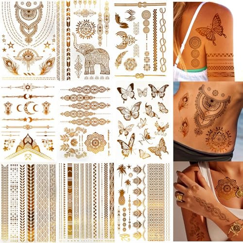 NebulaGlam Metallic Flash Tattoos in Gold, 9 Blätter 110+ Festival Tattoos Gold, Tattoos Festival Gadget, Tattoos wasserdichte Temporäre für Fasching und Party Accessoire (A)
