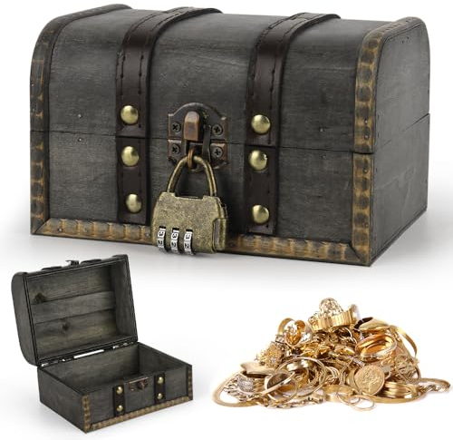 Mineup Vintage Holz Schatztruhe, Holz Aufbewahrung Schatzkiste, Groß Vintage Kiste Abschließbar Truhe mit Zahlenschloss für Aufbewahrung Dekoration Kindergeburtstag(16 x 12 x 9.5cm)