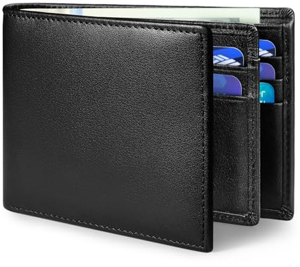 MARZAHAR Genuine Leather Mens Wallet, RFID Blocking Bifold Wallet for Men with ID Window, 11 Credit Card Slots (Black)