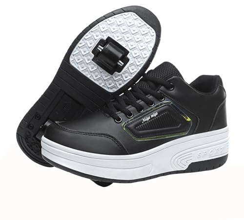 Mateju Schuhe mit Rollen für Kinder, Jungen und Mädchen - 2-in-1 Outdoor Turnschuhe mit versenkbarem Hinterrad - Schwarz, 42 EU