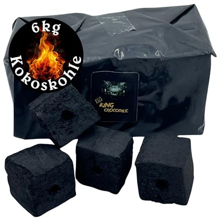 King Crocodile Kokosnuss Kohle Cubes 40x40mm 6kg I Kohlewürfel mit Zugloch I Nachhaltige Naturkohle mit Langer Brenndauer & wenig Asche I Grillkohle mit geringer Rauchentwicklung