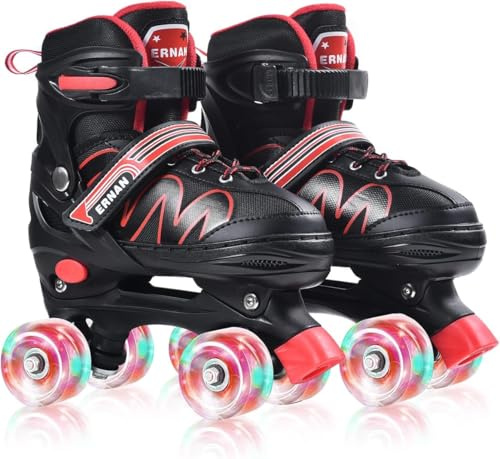 ERNAN Roller Enfant Filles et Garçons, Patin à Roulettes 4 Taille Réglable, Roller Quad avec 8 Roues Lumineuses. Patins à Roulettes pour Enfants Débutants (Red, S)
