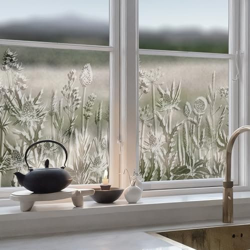 Neukids Textur Fensterfolie Blumen Weiße Pflanzen, klebefolie Blumen Fenster Sichtschutz Milchglasfolie Muster, Selbstklebende Fenstersticker Wohnzimmer Schlafzimmer Küche Bad Fenster Deko