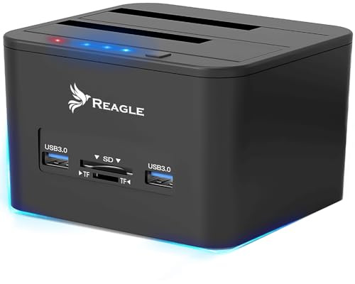 Reagle Dual Bay Docking Station per HDD/SSD, supporto 32TB, USB 3.2 Gen 1, lettore di schede, clonazione offline, compatibile con Windows/Mac