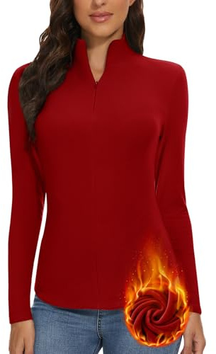 WOWENY Camiseta de manga larga térmica para mujer con cremallera de 1/4, forro polar, con capucha, cuello alto, sudadera con media cremallera, top cálido de manga larga, rojo oscuro, L