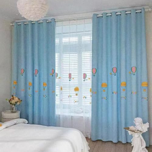 Lsimeru Kinder Vorhang Verdunkelung Junge Blau Ballon Stickerei Verdunklungsvorhange 2 Stücke Blickdichte Gardinen Ösenvorhang für Wohnzimmer Schlafzimmer Babyzimmer,140x225