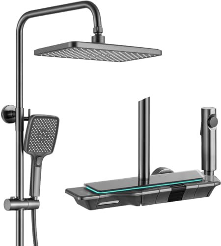 Thermostatic Shower System, Shower Faucet Set with Ambient Lighting, Square Shower Set with Waterfall Bath Tap, Hydroelectric Power, Booster Spray -Gray, Thermostat