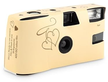 Weddingstar Disposable Camera with Flash - Single Use 35mm Film Camera for Wedding or Party Favors - Gold Enchanted Hearts (10 Pack)