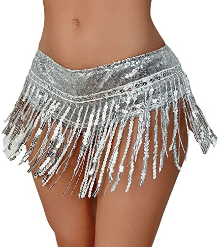 Chiffon Hüfttücher Damen Bauchtanz Gürtel Bauchtanz Hüfttuch Gürtel mit Fransen Rock Goldmünzen Bauchtanz Tuch Performance Kostüm Damen Mädchen Latein Yoga Belly Dancer Outfit (Silver, XL)