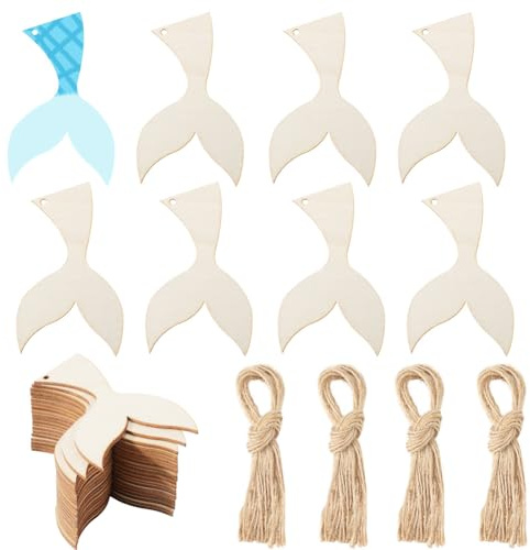 GORGECRAFT 20 Stück Meerjungfrauenschwanz Förmige Blanke Holzausschnitte 10x6cm Unfertige Holzscheiben Mit Loch Holzanhänger Mit 20 Stück Hanfseilen Hängende Ornamente Für Heimwerker Basteln Strand N