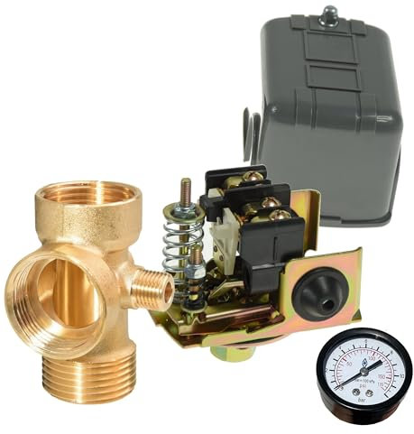 Hauswasserwerk Druckschalter Druckwächter Set für Druckkessel (Druckschalter 1/4 IG + Manometer 0-12 bar + 5-Wege-Verteiler aus Messing)