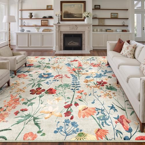 HUGEAR Mattor vardagsrum beige tvättbar blomma område matta 240 x 300 cm halkfri boho naturlig modern blommig stor matta matsal sovrum kök hall vardagsrum kontor låg lugg mjuka mattor