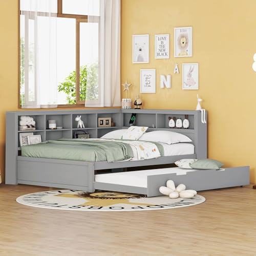 Sofá Cama con Cama Nido 90 * 190 sofá Cama con Toma USB y Varios Compartimentos de Almacenamiento Cama de Madera Maciza para Adultos Adolescentes Cama Individual Cama de Invitados Gris 140x200 cm
