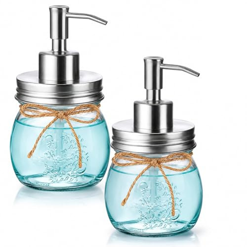 Amolliar Mason Jar Liquid Soap Dispenser, 10OZ Soap Dispenser, Silver 2Pack | Refillable Hand Dish Soap Dispenser, Vintage Glass Soap Dispenser Kitchen, Bathroom Accessory Set, Countertop Farmhouse Decor