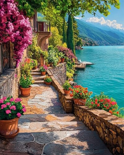 AxiangziK DIY Teppich DIY Set Blumenlandschaft Eines Fischerdorfes Am Meer Knüpfteppich-Sets Für Anfänger,Diy-Handarbeit,Häkelteppich-Set,Heimdekoration 80x115cm