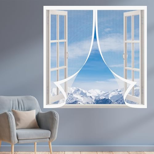 Moustiquaire pour Fenêtres 180 x 145 cm Rideau Moustiquaire Fenetre Aimantée Respirantes Maille Ultra Fine pour Fenêtre Empêche de Passer Les Moustiques, Blanc
