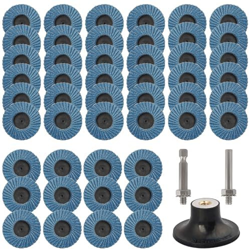 Yetaha 48 Stück Fächerscheiben 50 mm, 2 Zoll Schleifschieben, Körnung 40/60/80/120, mit 1/4 Zoll Drehteller 1 Rundstab und 1 Sechskantstab für Winkelschleifmaschine