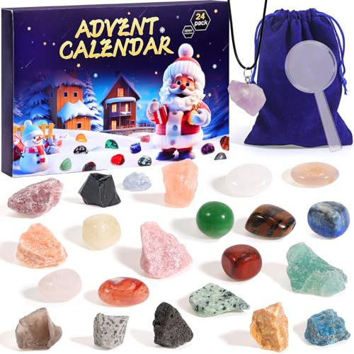HOWAF Calendario de Adviento de cristal 2025, cuenta regresiva de 24 días de Navidad, piedras de roca natural, minerales, piedras preciosas, calendario de Adviento 2025 para niños, regalo científico