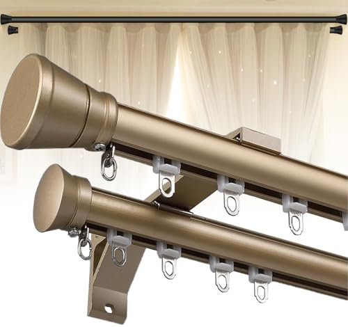 Double Curtain Rods for Windows, 11.8ft Wall Mounted Heavy Duty Dual Rods with Silent Aluminum Alloy Brackets, Decorative Double Drapery Rod for Bedroom/Living Room/Hotel/Room Divider, Golden