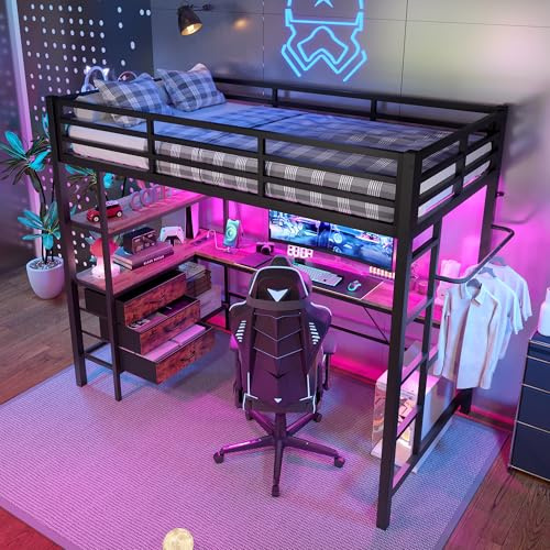 Kelodan Cama alta 90 x 200 cm con luces LED escritorio enchufe USB 3 cajones estantes barandilla escalera sin colchón negro