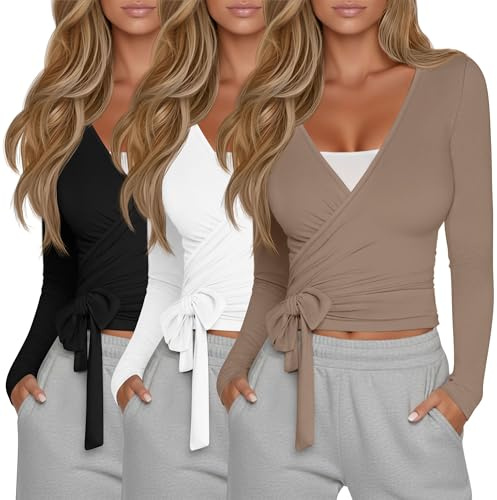 Oakgarden 3 Pack Women's Tie Wrap Tops, Long Sleeve Workout Ballet Yoga Pilates Shirts Deep V Neck Tie Front Y2k Blouses(Black, White, Light Brown,Medium)